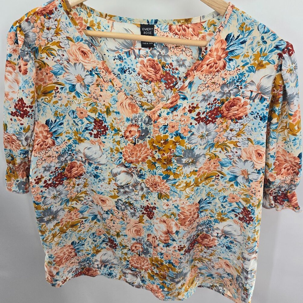 Emery Rose Blue Floral V-Neck Elastic Sleeve Top Size XXL